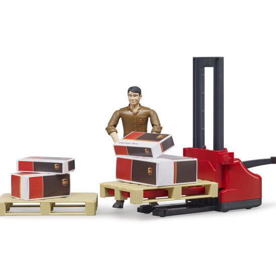 SET FIGURINE LOGISTICA UPS CU CUTII; AUTOUTILITARE CU 2 PALETI SI FIGURINA UPS BRUDER # 62210