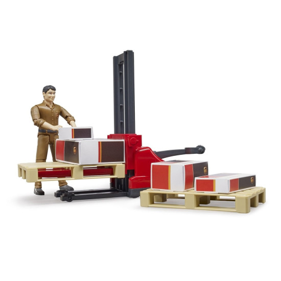 SET FIGURINE LOGISTICA UPS CU CUTII; AUTOUTILITARE CU 2 PALETI SI FIGURINA UPS BRUDER # 62210